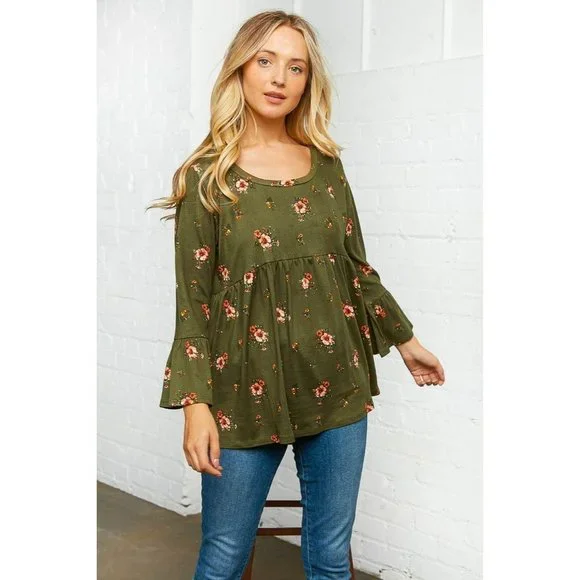 Olive Floral Bell Sleeve Babydoll Peplum Top - Picture 6 of 11